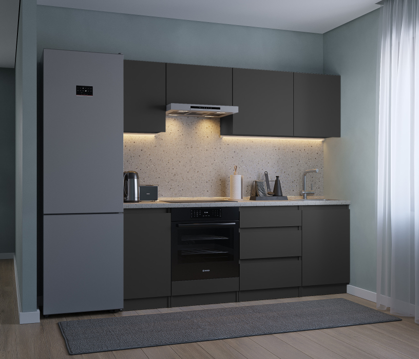 Кухонные гарнитуры, Кухонный гарнитур Леон прямой 210 см, диамант серый