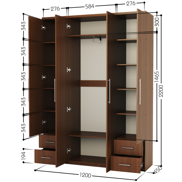 Для одежды, Шкаф четырехдверный Мелодия МКЯ2-43 120х45