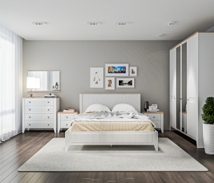 Спальня Монтана с комодом Белый Альпийский,Дуб Гамильтон/МДФ Дуб Белый