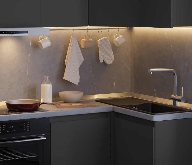 Кухонные гарнитуры, Кухонный гарнитур Леон угловой 210х100 см, диамант серый