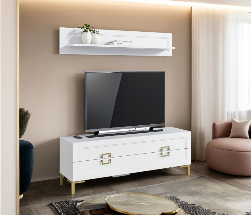 Стенки для гостиной, Комплект для гостиной, тумба ТВ и полка, Белый