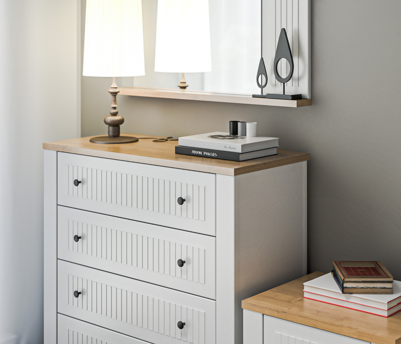 Спальные гарнитуры, Спальня Монтана с комодом Белый Альпийский,Дуб Гамильтон/МДФ Дуб Белый