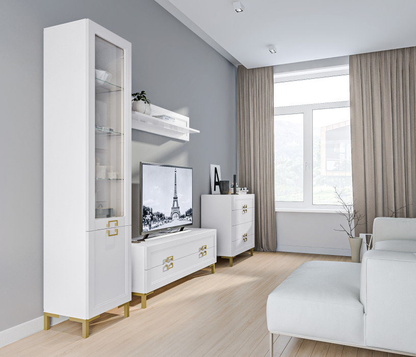 Стенки для гостиной, Комплект для гостиной с комодом Ассоль Белый/МДФ Белый