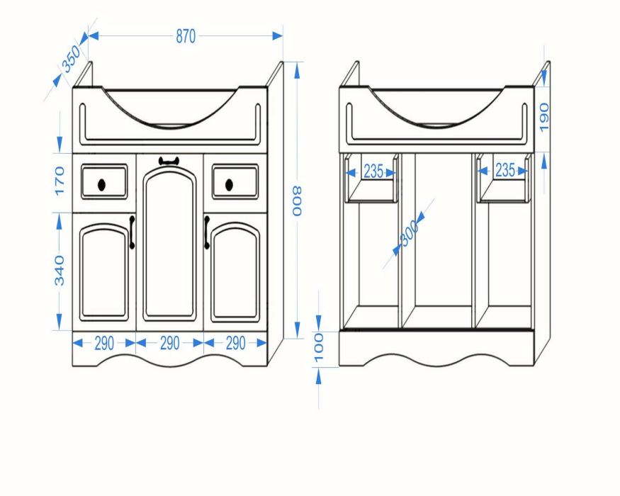 Тумбы с раковиной для ванны, Тумба с раковиной  Francesca Avanti Империя 90-2 белый (2ящ+3дв, ум. Классик Санита-90)
